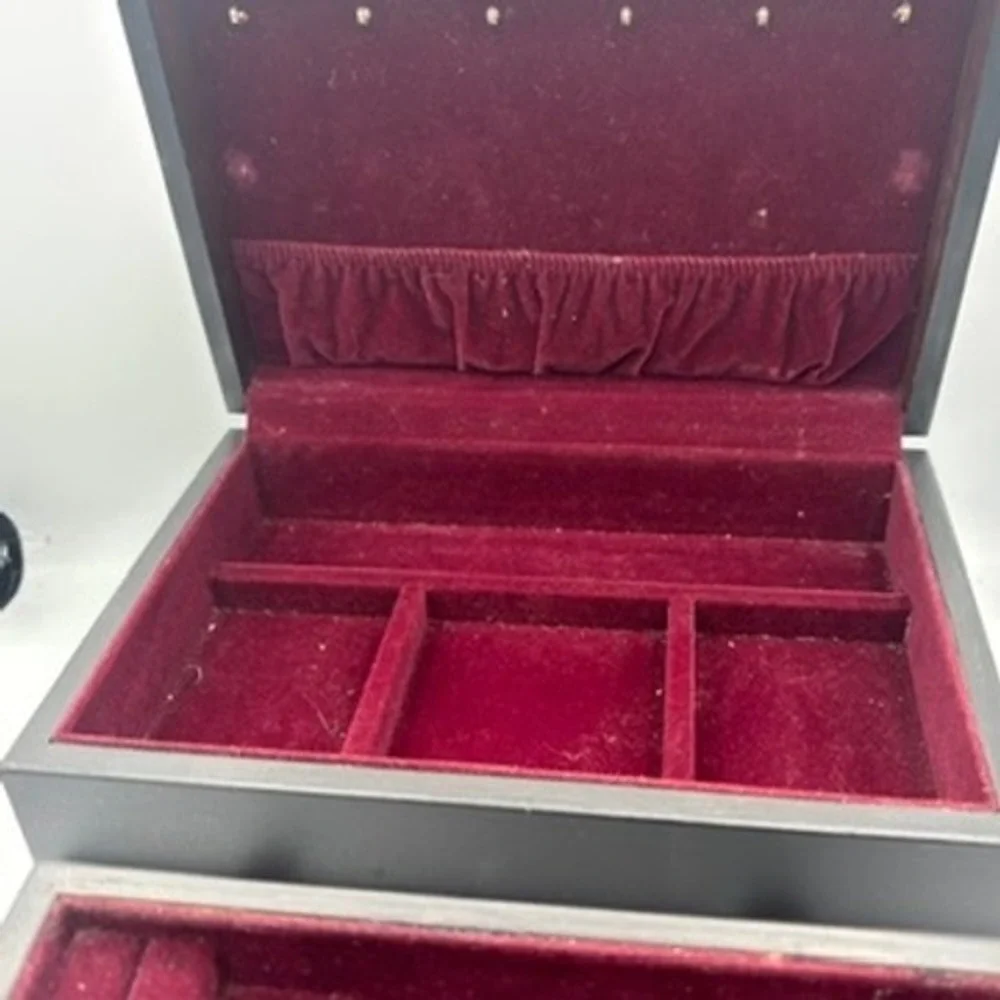 Vintage Wood Jewelry Box Organizer Black Floral Decal Storage Chest Cottagecore